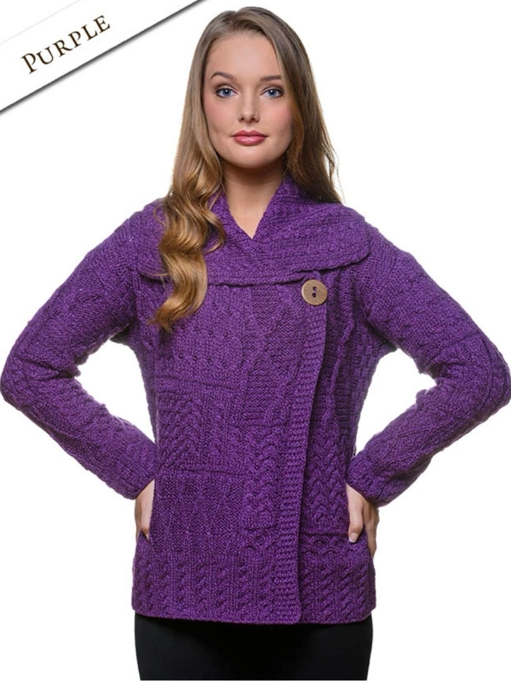 Blarney Woolen Mills Purple Merino Wool Irish Aran cable knit cardigan sweater m